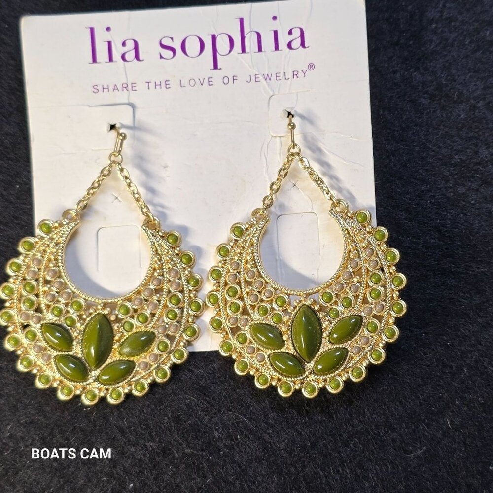 LIA‎ SOPHIA Hoop Earrings Womens OS Gold Excellent Green Bead Dangle
